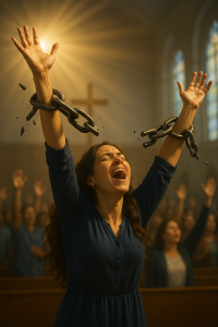 Chains breaking from a woman’s hands during worship