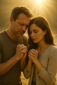 Couple praying together with divine light