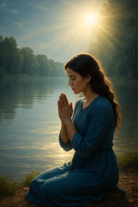Woman praying by a lake with divine light